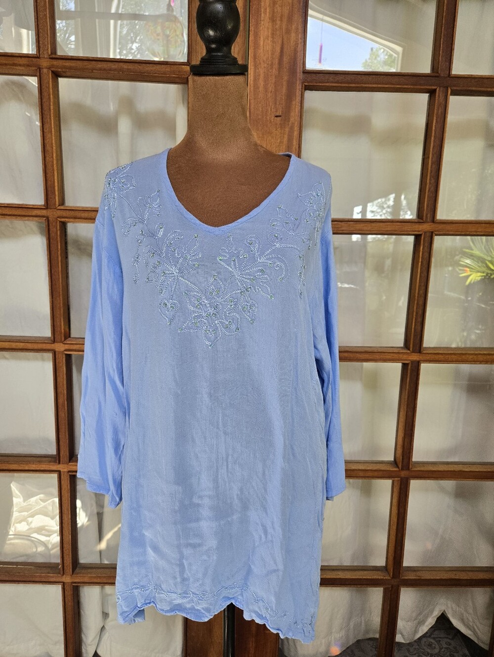 Periwinkle Blue Embroidered V-Neck Women’s Tunic